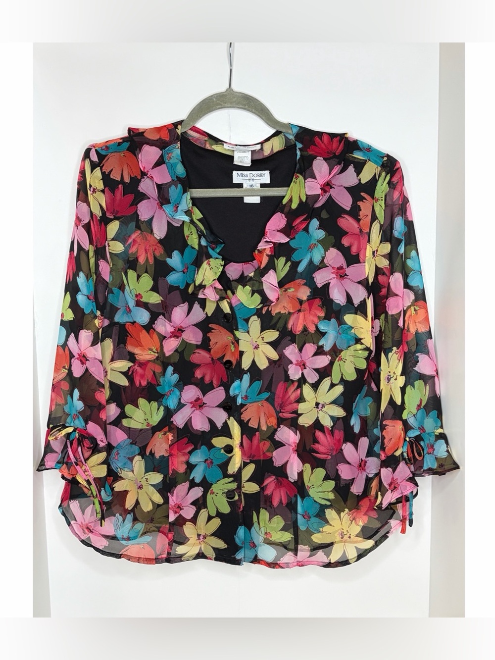 Miss Dorby Y2K 90s Vtg 2 Piece Floral Tank Blouse Sheer Chiffon Jacket Set Sz 16